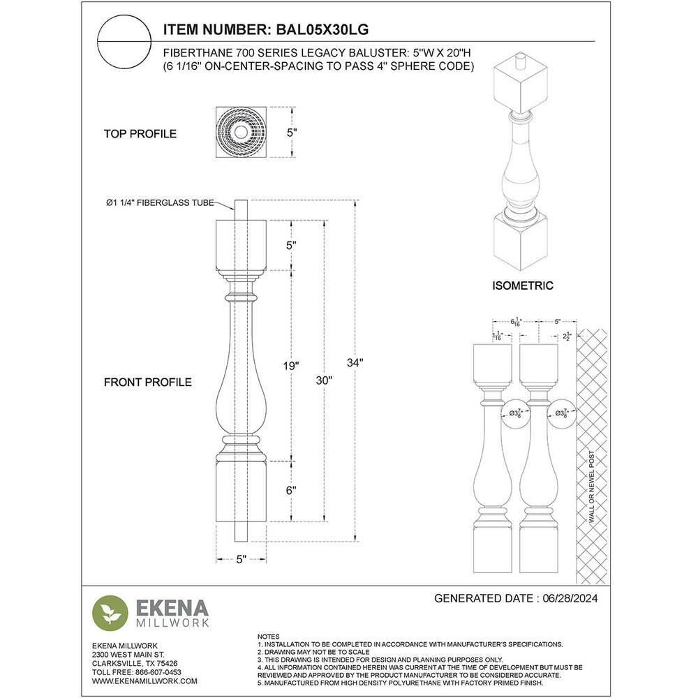 Ekena Millwork Fiberthane 700 Series 30 in. H x 5 in. W White Resin Stair Baluster