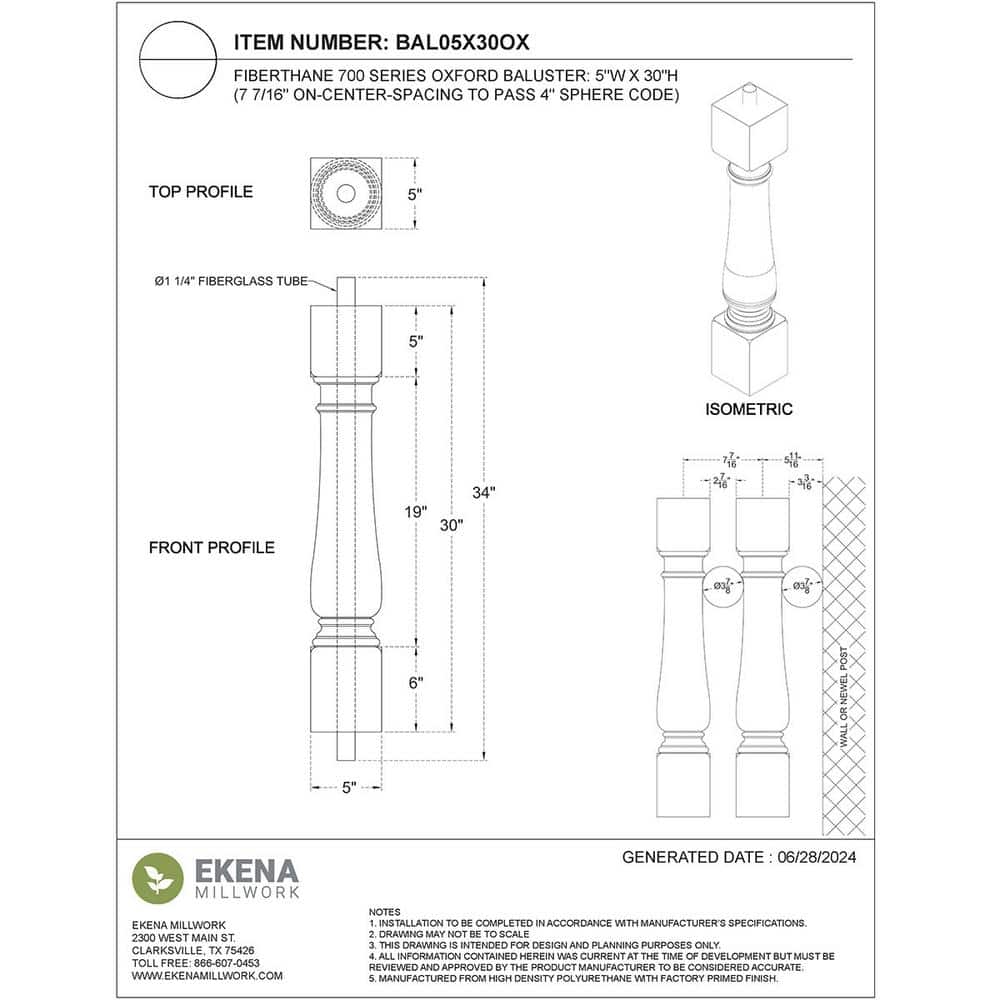 Ekena Millwork Fiberthane 700 Series 30 in. H x 5 in. W White Resin Stair Baluster
