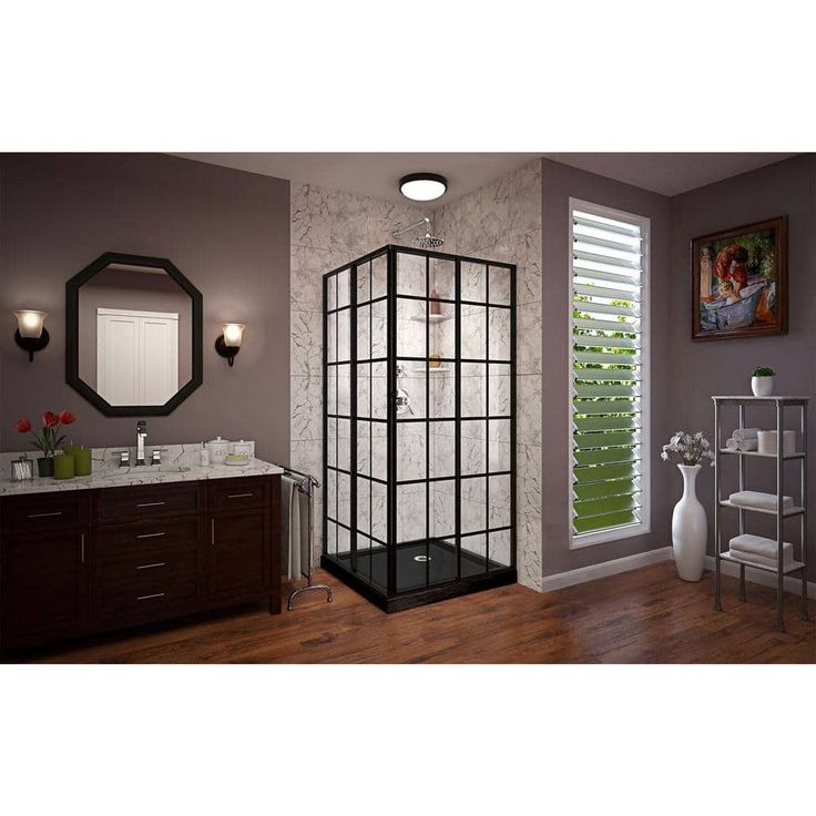 DreamLine French Corner 36 in. W x 36 in. D x 74.75 in. H Framed Shower Enclosure and Shower Base Kit in Matte Black