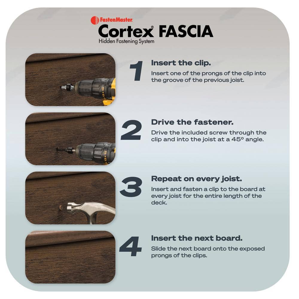 FastenMaster Cortex Hidden Fastening System for Trex Transcend Fascia – 1-3/4 inch Cortex screws and plugs – Island Mist (50 LF)