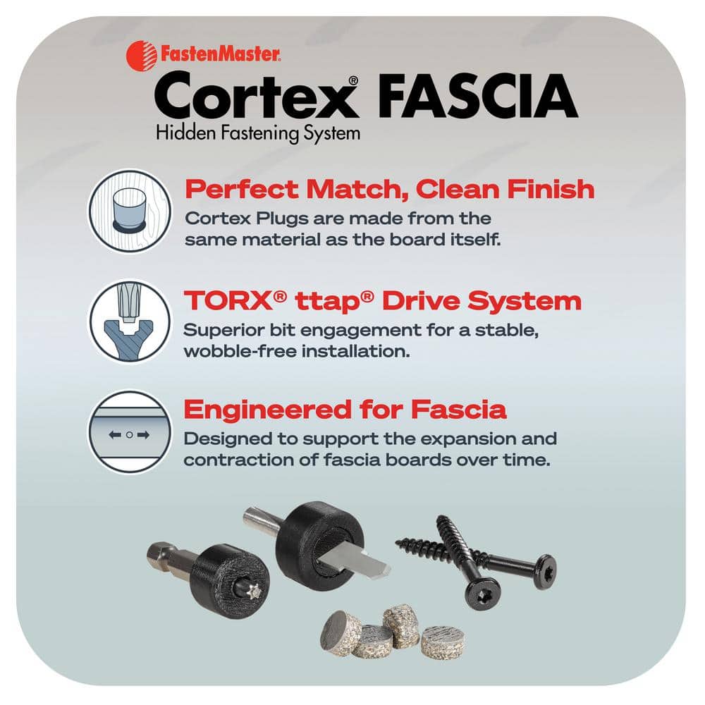 FastenMaster Cortex Hidden Fastening System for Trex Transcend Fascia – 1-3/4 inch Cortex screws and plugs – Island Mist (50 LF)