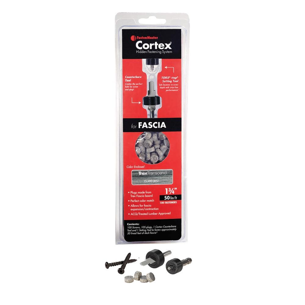 FastenMaster Cortex Hidden Fastening System for Trex Transcend Fascia – 1-3/4 inch Cortex screws and plugs – Island Mist (50 LF)