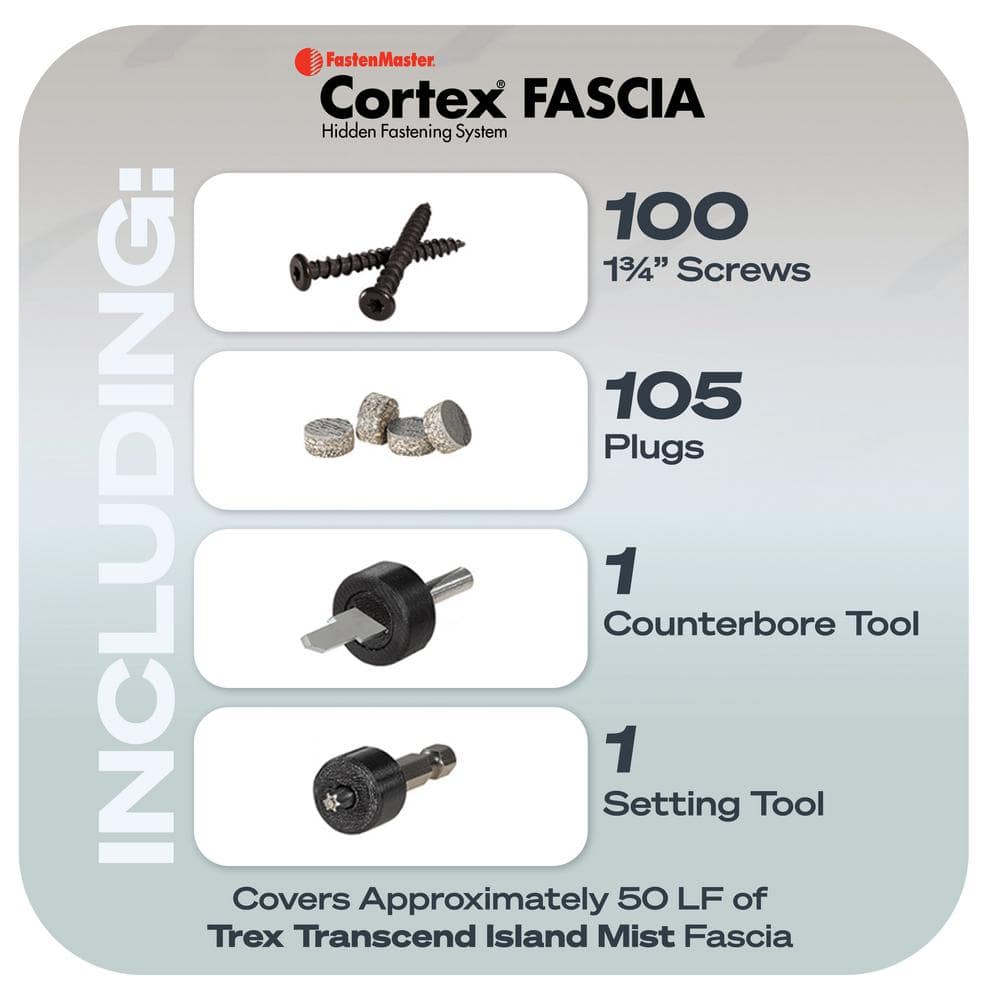 FastenMaster Cortex Hidden Fastening System for Trex Transcend Fascia – 1-3/4 inch Cortex screws and plugs – Island Mist (50 LF)
