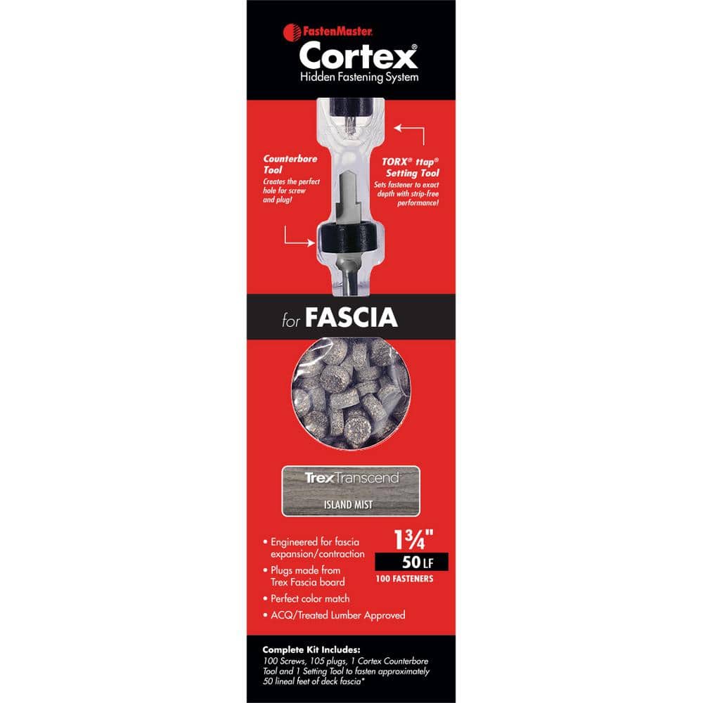 FastenMaster Cortex Hidden Fastening System for Trex Transcend Fascia – 1-3/4 inch Cortex screws and plugs – Island Mist (50 LF)