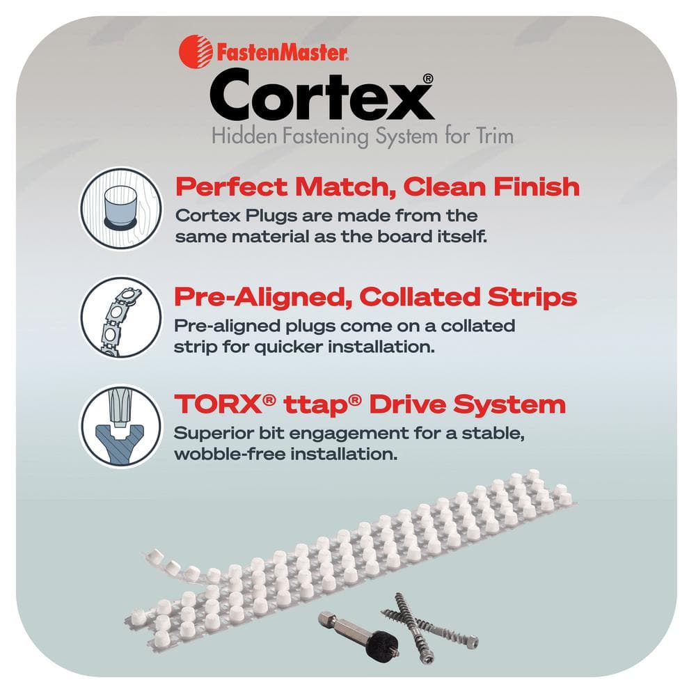 FastenMaster Collated Cortex Hidden Fastening System for AZEK Trim – 2 inch Cortex screws and plugs – Traditional (250 LF)