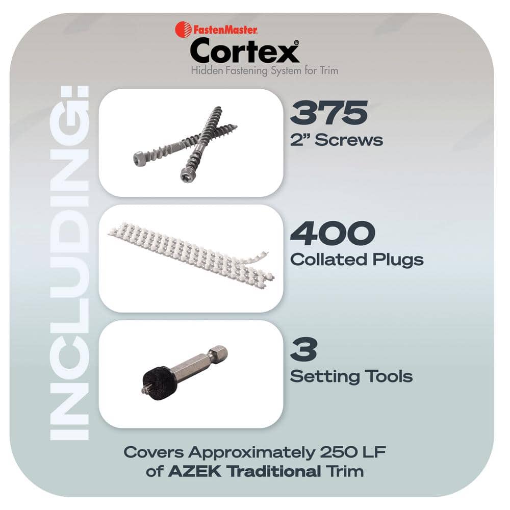 FastenMaster Collated Cortex Hidden Fastening System for AZEK Trim – 2 inch Cortex screws and plugs – Traditional (250 LF)