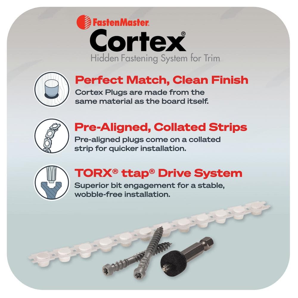 FastenMaster Collated Cortex Hidden Fastening System for AZEK Trim – 2-3/4 inch Cortex screws and plugs – Traditional (50 LF)