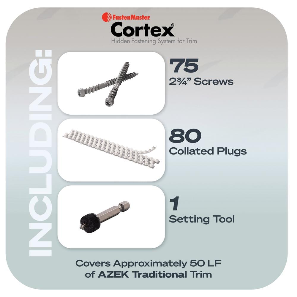FastenMaster Collated Cortex Hidden Fastening System for AZEK Trim – 2-3/4 inch Cortex screws and plugs – Traditional (50 LF)