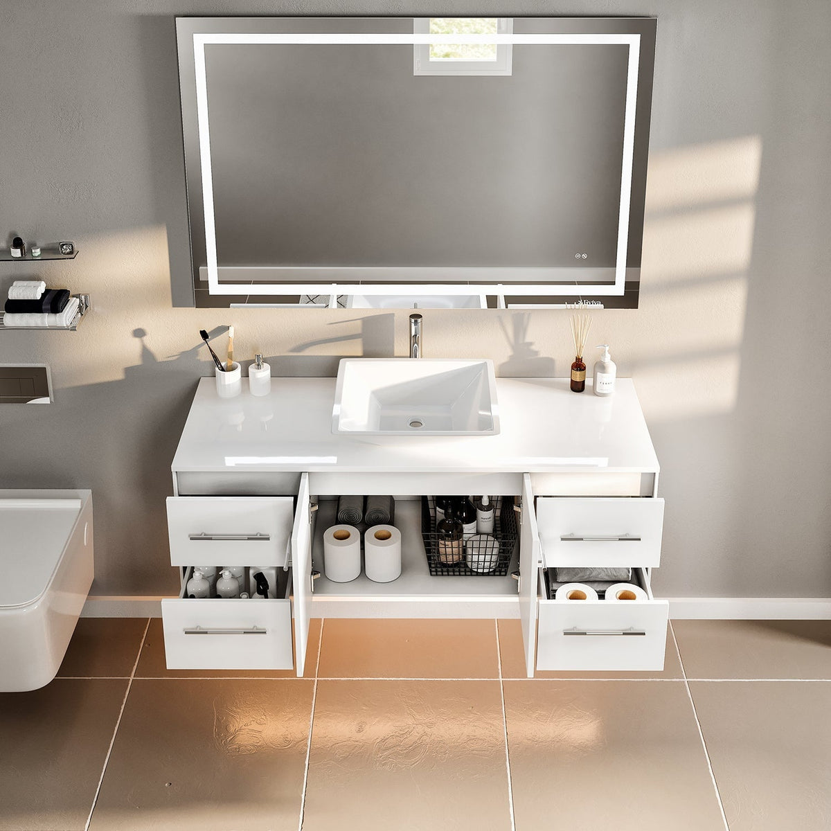 Totti Wave 48 in. W x 21 in. D x 22 in. H Bathroom Vanity in White with White Glassos Top and White Sink