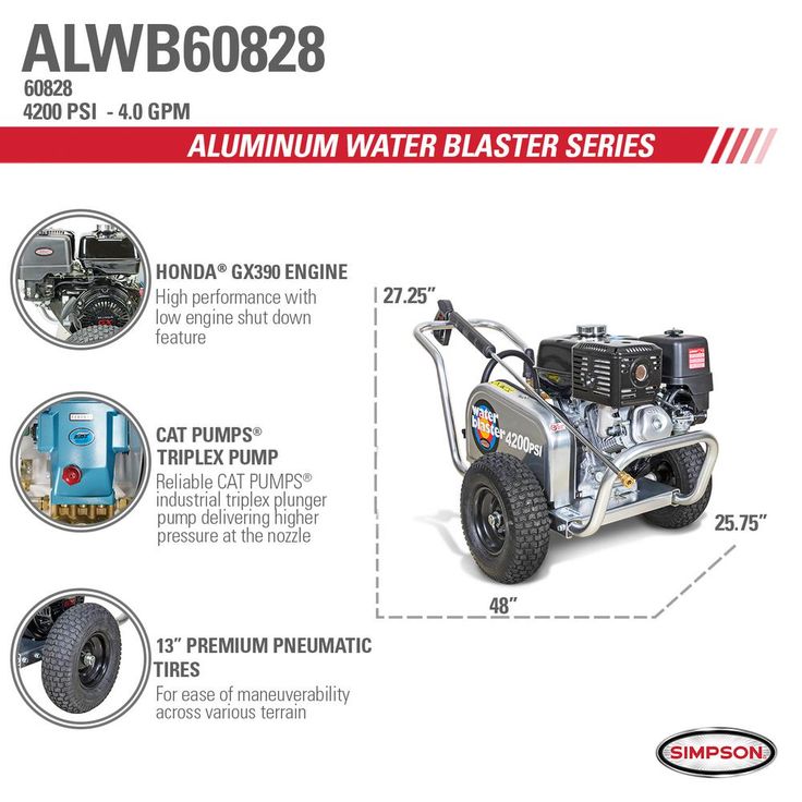 Simpson SIMPSON Aluminum Water Blaster ALWB60828 4200 PSI at 4.0 GPM HONDA GX390 Belt Drive Cold Water Pressure Washer
