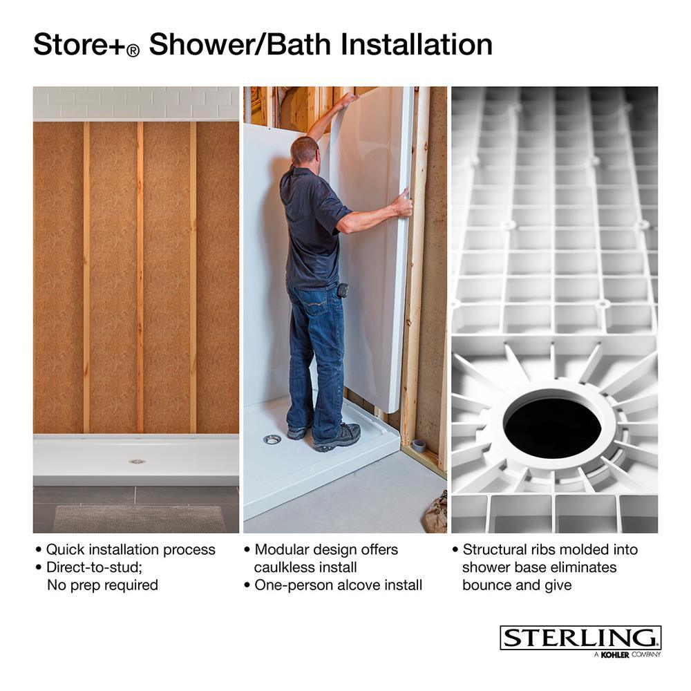 STORE+ 60 in. x 34 in. Single Threshold Center Drain Shower Base with Shower Walls and 12-Piece Accessory Kit in White - Super Arbor