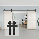 12 ft./144 in. Black Steel Straight Strap Sliding Barn Door Track and Hardware Kit for Double Doors with Floor Guide - Super Arbor