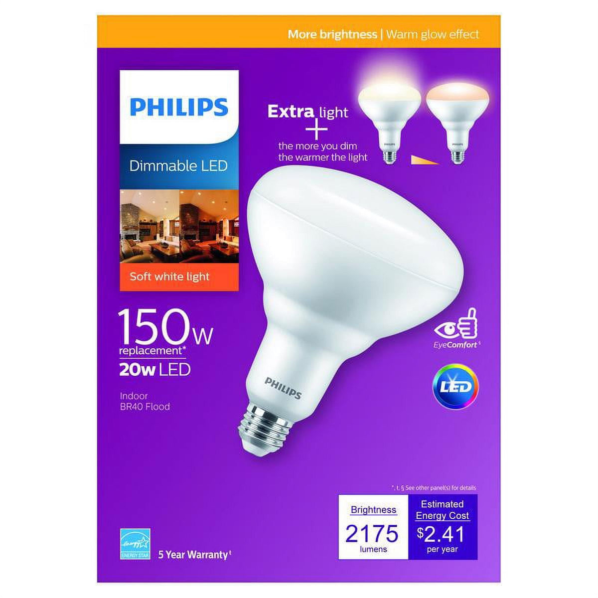 Philips 150-Watt Equivalent BR40 Dimmable LED Floodlight Bulbs with Warm Glow, Soft White 2700K (2-Pack)