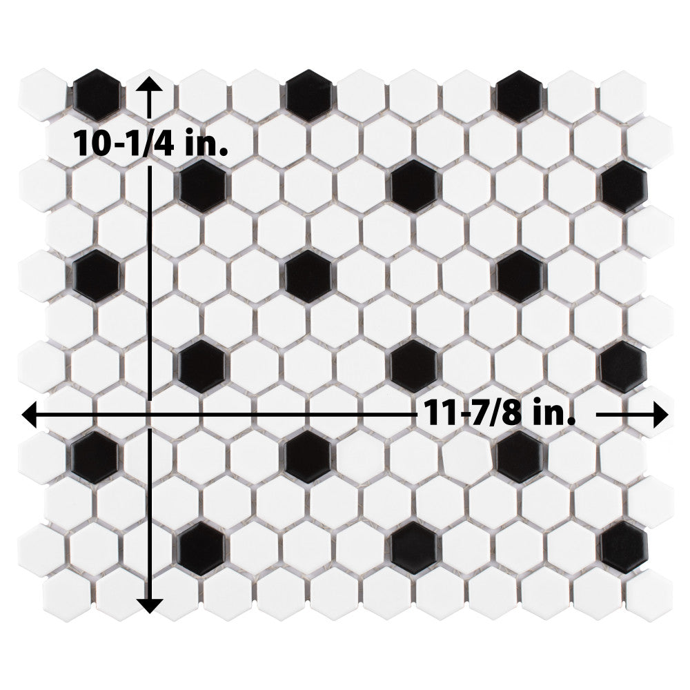 Madison Hex 1 in. Matte Cool White w/ Black Dot 10-1/4 in. x 11-7/8 in. Porcelain Mosaic Tile (8.6 sq. ft./Case)