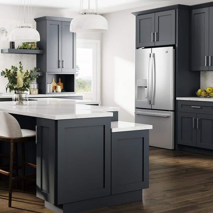 Home Decorators Collection Newport 18 in. W x 24 in. D x 96 in. H Assembled Plywood Pantry Kitchen Cabinet in Deep Onyx with Soft Close RH