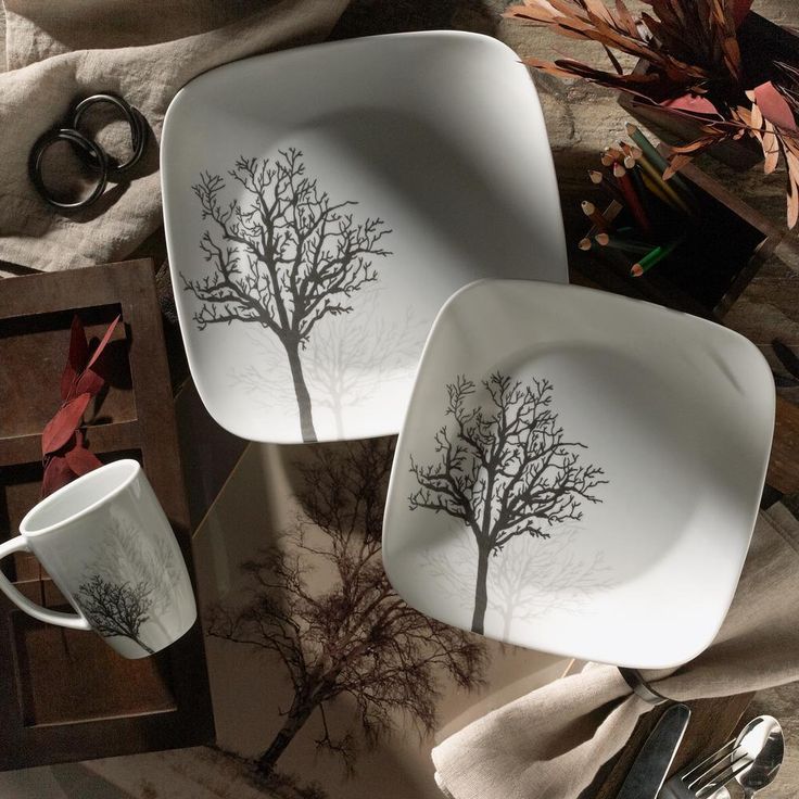 Square 16-Piece Seasonal Black Trees Glass Dinnerware Set (Service for 4)