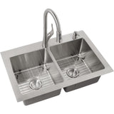 All-in-One Dual Mount Stainless Steel 33 in. 2-Hole 50/50 Double Bowl Kitchen Sink in Brushed Finish - Super Arbor