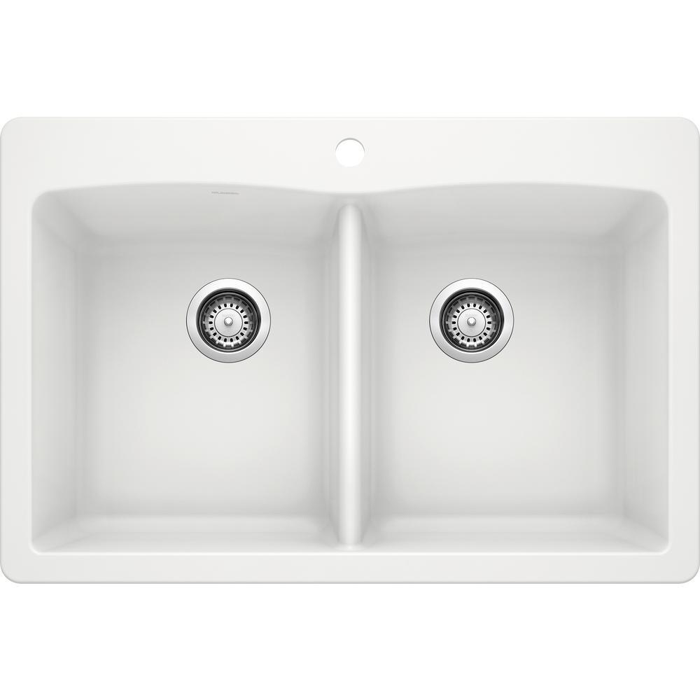 DIAMOND Dual Mount Granite Composite 33 in. 1-Hole 50/50 Double Bowl Kitchen Sink in White - Super Arbor