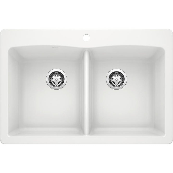 DIAMOND Dual Mount Granite Composite 33 in. 1-Hole 50/50 Double Bowl Kitchen Sink in White - Super Arbor