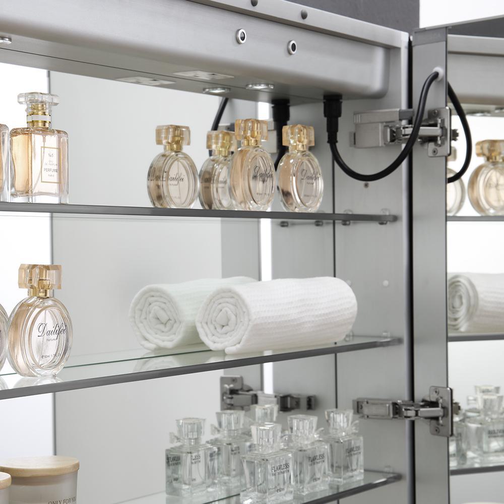 Spazio 36 in. W x 30 in. H Recessed or Surface Mount Medicine Cabinet with LED Lighting and Mirror Defogger - Super Arbor