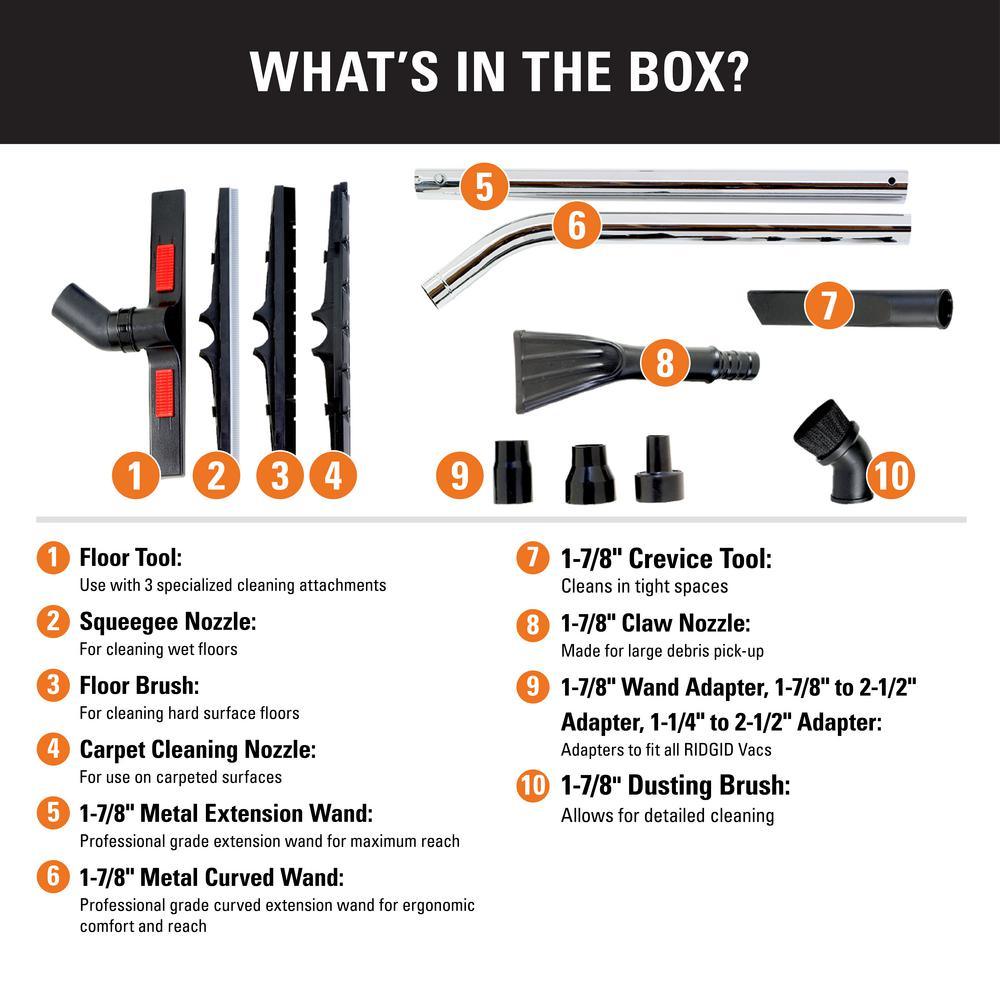 1-7/8 in. and 2-1/2 in. Heavy-Duty Cleaning Accessory Kit for RIDGID Wet/Dry Shop Vacuums - Super Arbor