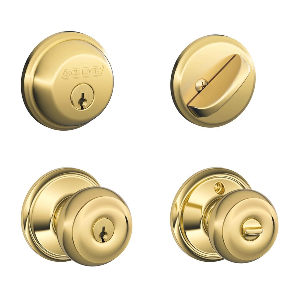 Schlage Georgian Bright Brass Knob and Single Cylinder Deadbolt, ANSI Grade 2, Fits 1-3/8 to 1-3/4 in. Doors