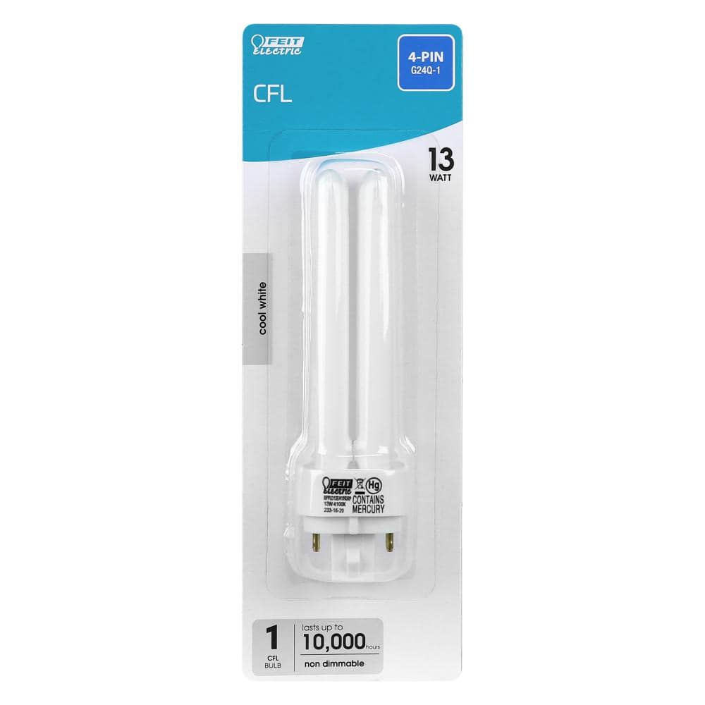 Feit Electric 13-Watt Equivalent PL CFLNI Quad Tube, 4-Pin G24Q-1 Base CFL Light Bulb, Cool White 4100K (1-Pack)
