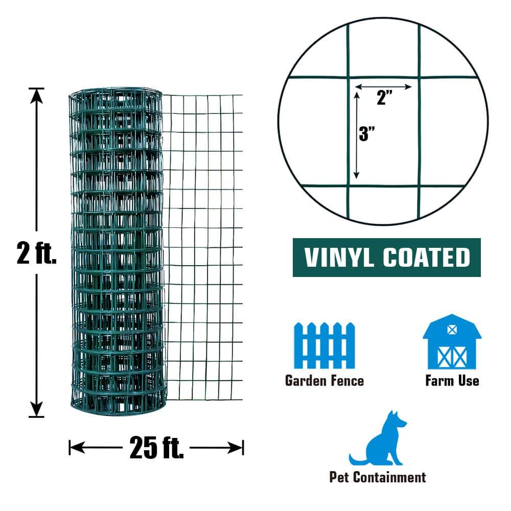 Fencer Wire 2 ft. x 25 ft. 16-Gauge Green PVC Coated Welded Wire Fence with Mesh Size 3 in. x 2 in.