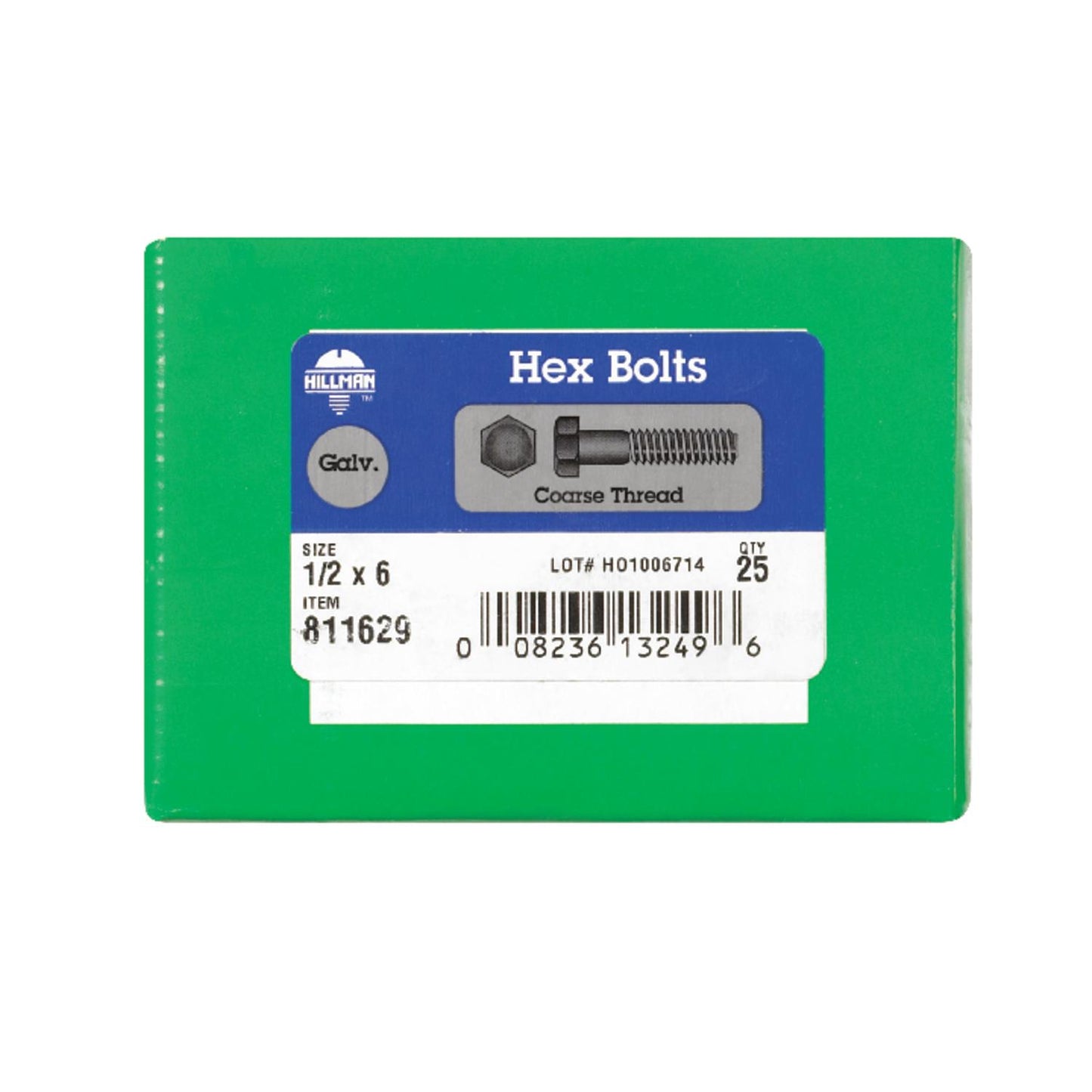 Hillman 1/2 in. Diameter x 6 in. Length Hot Dipped Galvanized Steel Hex Bolt, Coarse Thread, 25-Pack