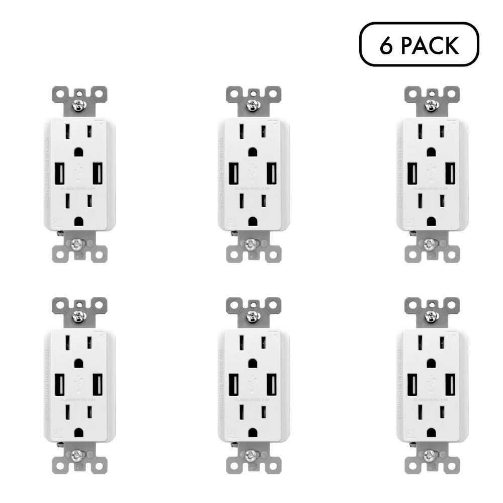 3.6 Amp Dual USB Charger and 15 Amp Receptacle, White (6-Pack) - Super Arbor