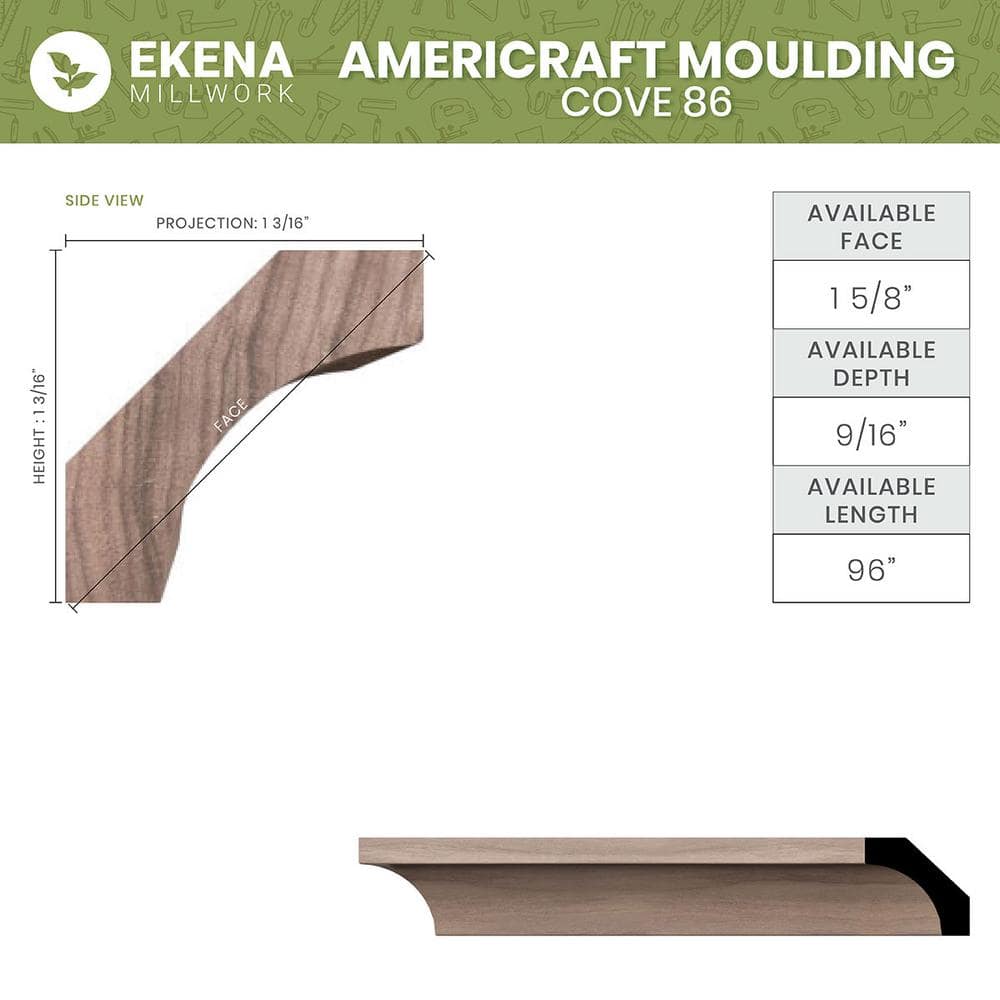 Ekena Millwork WM86 0.56 in. D x 1.63 in. W x 96 in. L Wood (Finger Joint Pine) Crown Molding