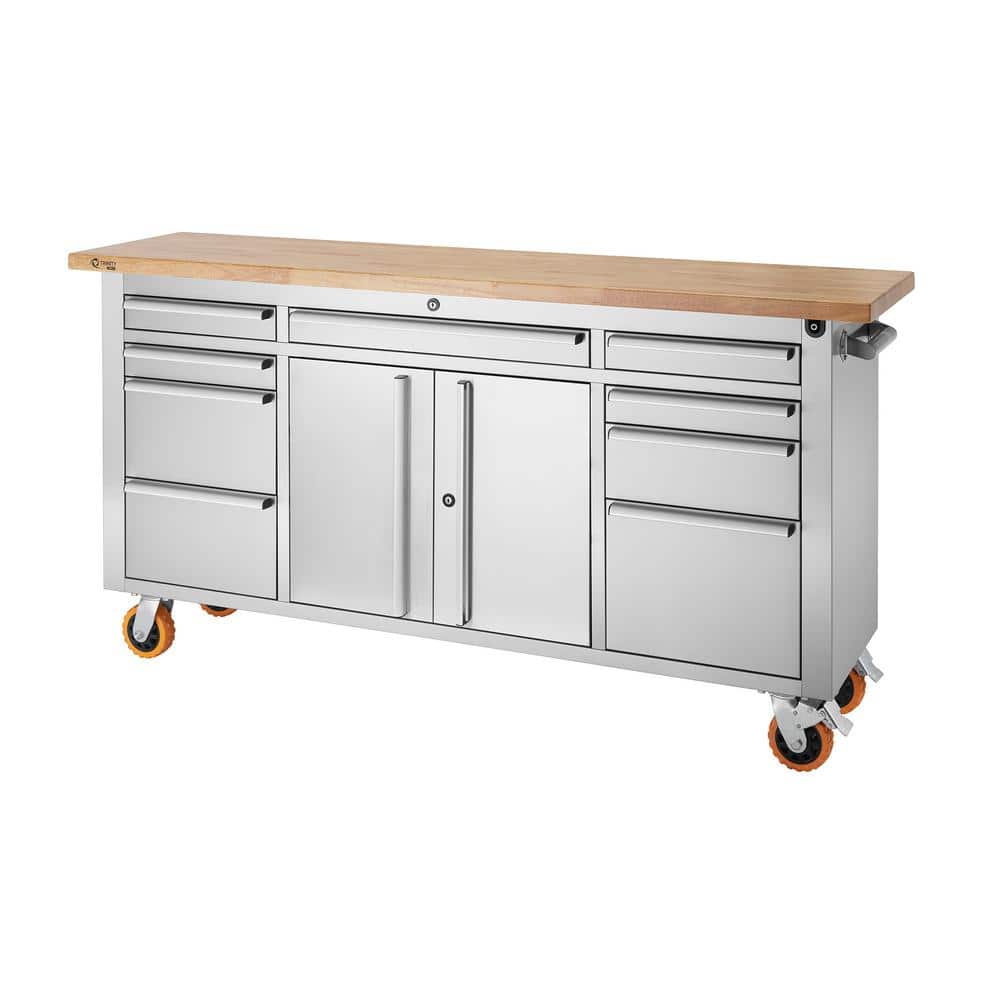 TRINITY PRO 72 in. W x 19 in. D 9-Drawer Stainless Steel Workbench with Adjustable Top