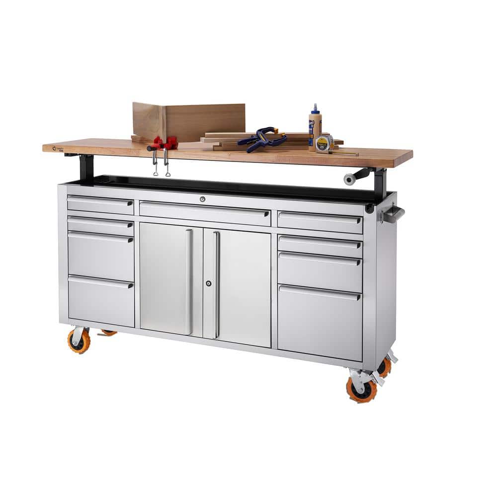 TRINITY PRO 72 in. W x 19 in. D 9-Drawer Stainless Steel Workbench with Adjustable Top