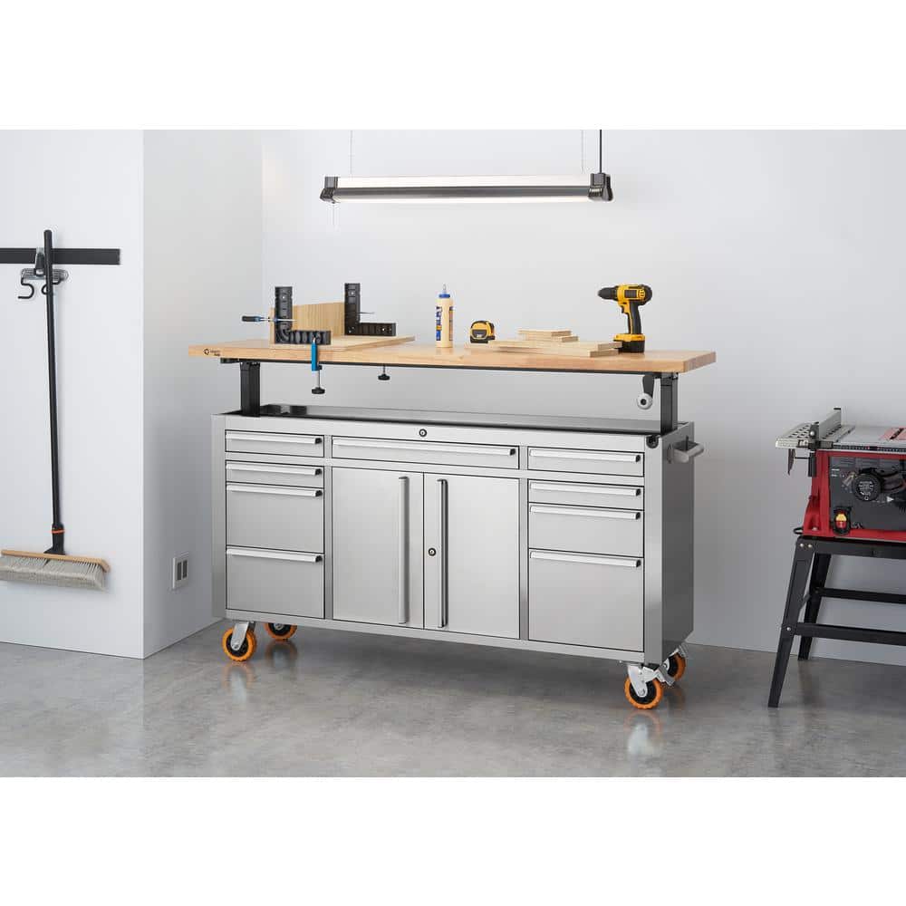 TRINITY PRO 72 in. W x 19 in. D 9-Drawer Stainless Steel Workbench with Adjustable Top
