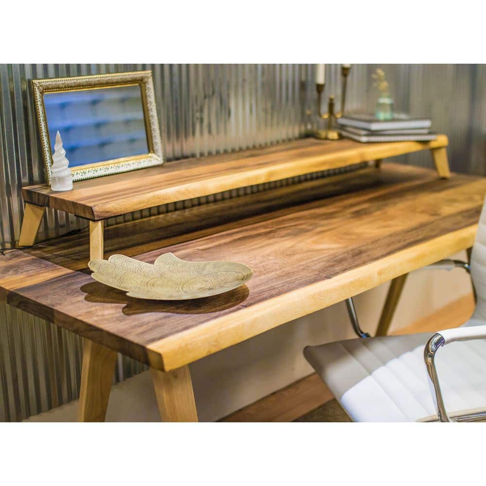 HARDWOOD REFLECTIONS 5 ft. L x 12 in. D Finished Saman Solid Wood Butcher Block Bar Countertop with Live Edge