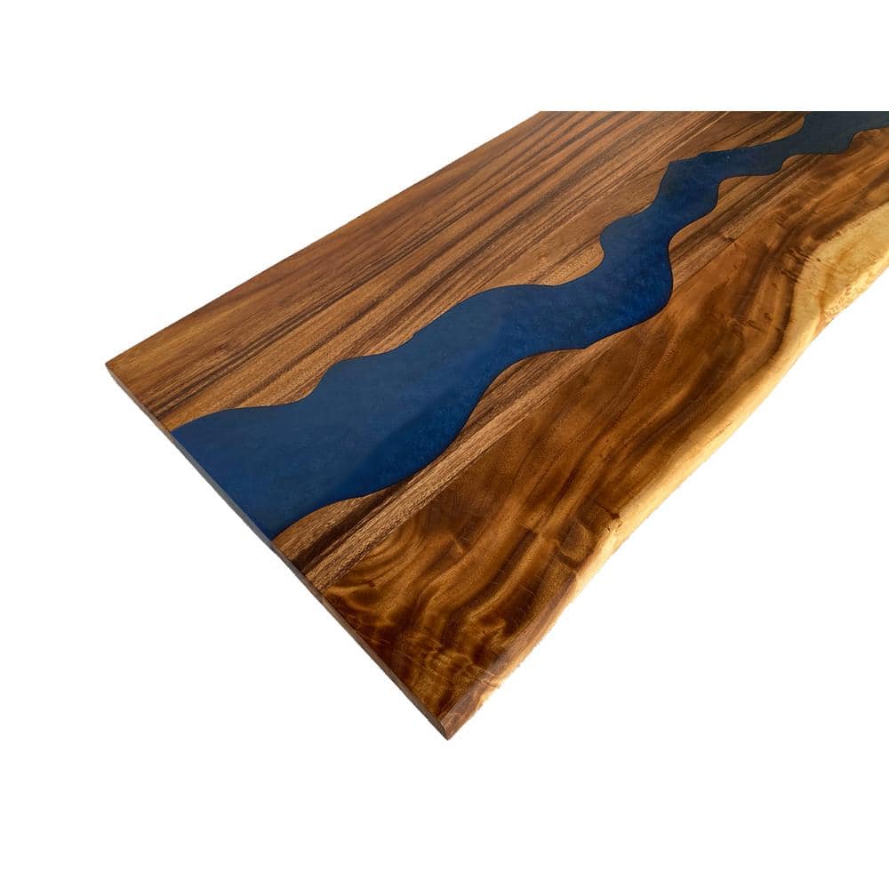 HARDWOOD REFLECTIONS 5 ft. L x 30 in. D UV Finished Saman Solid Wood Butcher Block Desktop Countertop With Live Edge and Blue Epoxy River