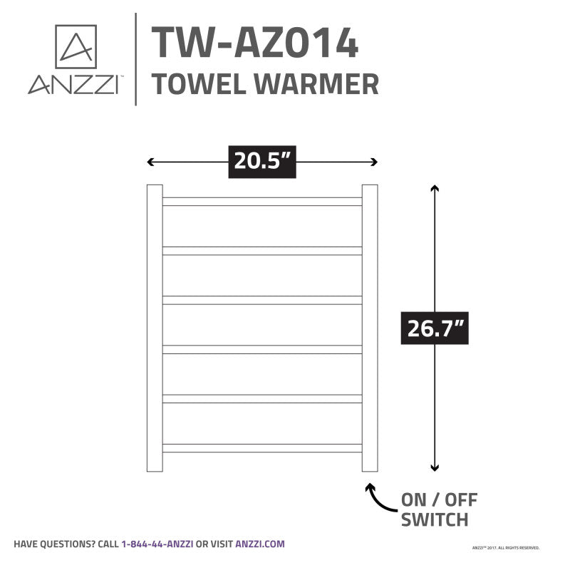 ANZZI Charles Series 6-Bar Stainless Steel Wall Mounted Electric Towel Warmer Rack, Brushed Nickel, 20.47" W x 26.77" H x 4.33" D