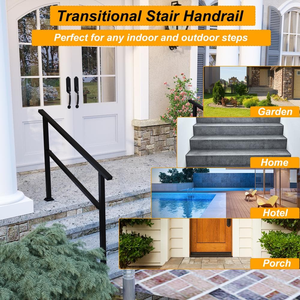 FUFU&GAGA 36 in. H x 4.5 ft. W Black Iron Rail Kit Handrails Outdoor Adjustable Exterior Stair Railing Fit 3 or 4 Steps (2-Pack)