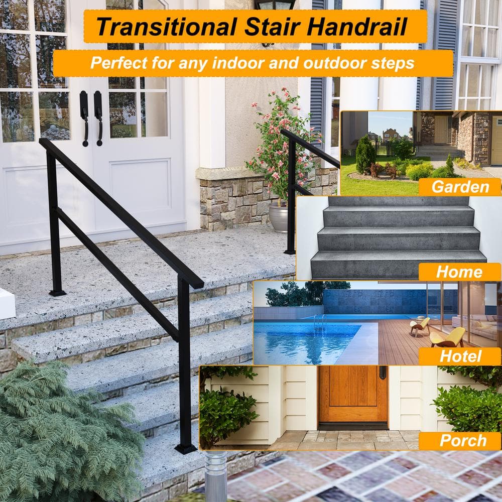 FUFU&GAGA 36 in. H x 5.7 ft. W Black Iron Rail Kit Handrails Outdoor Adjustable Exterior Stair Railing Fit 4 or 5 Steps (2-Pack)