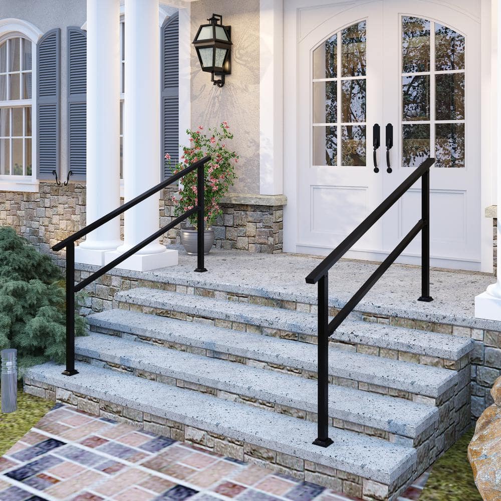 FUFU&GAGA 36 in. H x 5.7 ft. W Black Iron Rail Kit Handrails Outdoor Adjustable Exterior Stair Railing Fit 4 or 5 Steps (2-Pack)