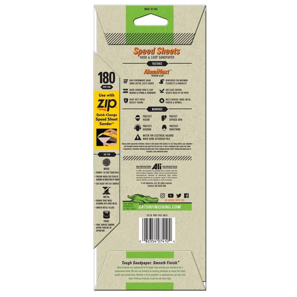 Gator Speed Sheets 3-2/3 in. x 9 in. 180 Grit Very Fine Hook and Loop Sand Paper (5-Pack)