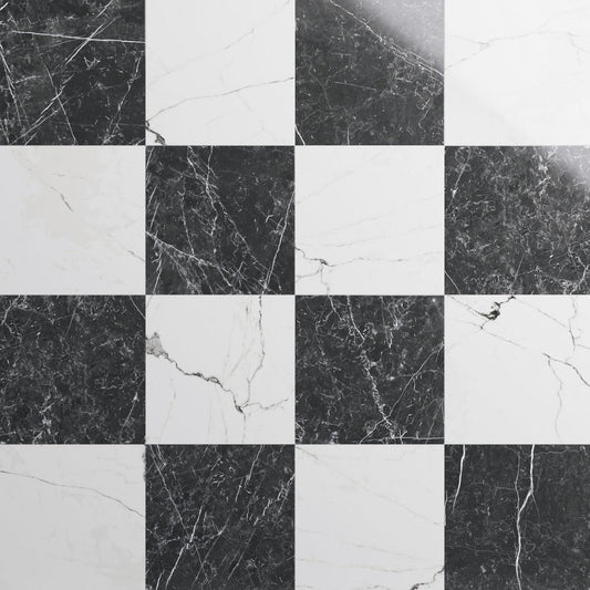 Fortunato Calacatta and Nero Marquina 12x12 Polished Porcelain Checkerboard Tile