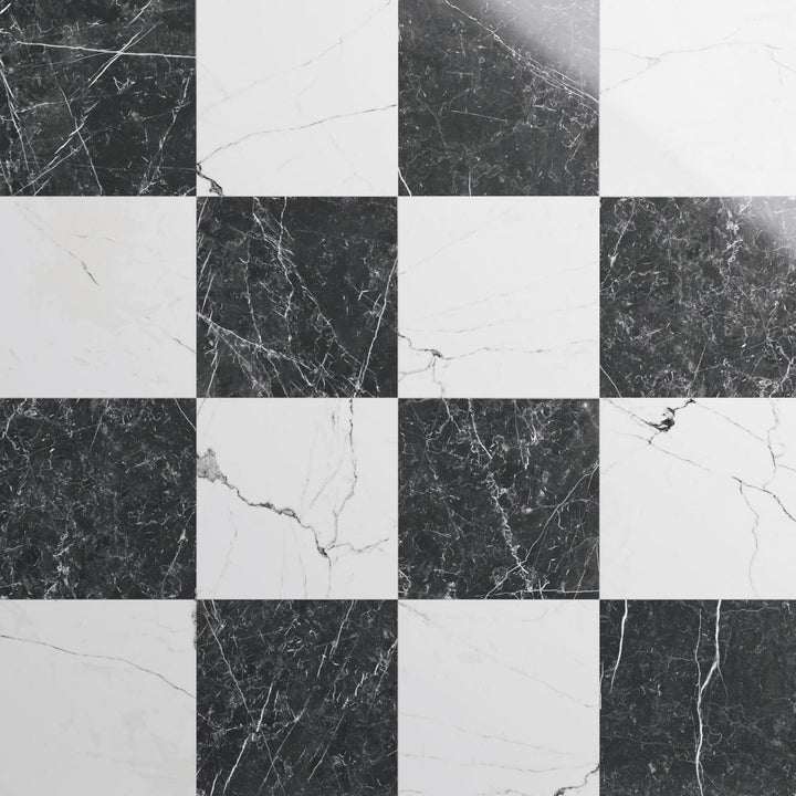 Fortunato Calacatta and Nero Marquina 12x12 Polished Porcelain Checkerboard Tile