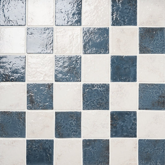 Greta Checkerboard Midnight Blue and Seashell White 5x5 Glossy Textured Porcelain Tile