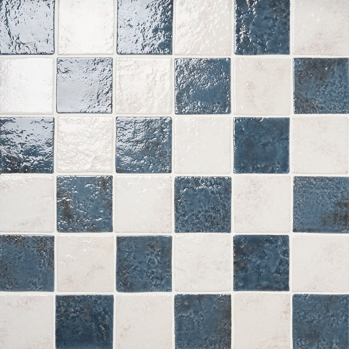 Greta Checkerboard Midnight Blue and Seashell White 5x5 Glossy Textured Porcelain Tile