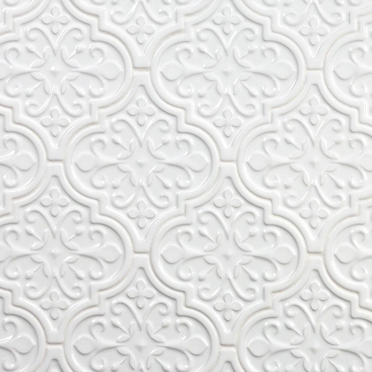 Byzantine Florid Bianco White 6x7 Arabesque Polished Ceramic Wall Tile