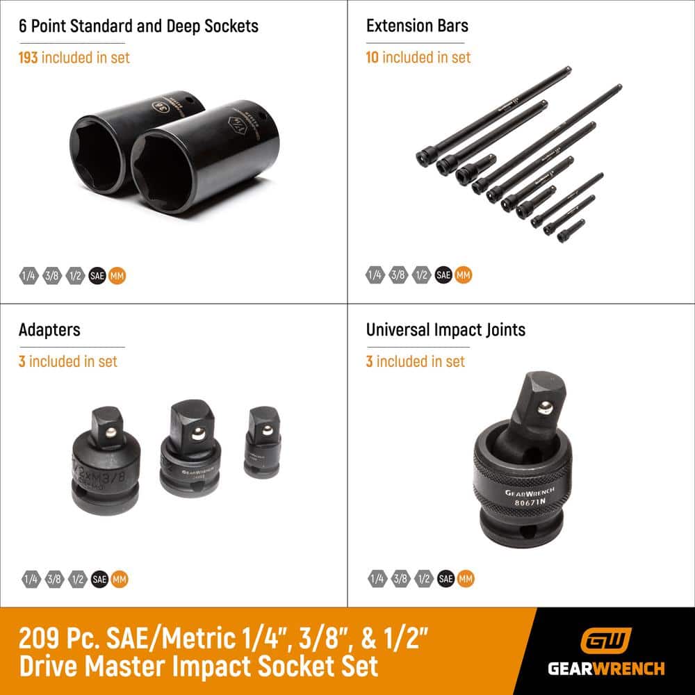 GEARWRENCH 1/4 in. x 3/8 in. and 1/2 in. Drive 6-Point Standard and Deep SAE/Metric Master Impact Socket Set (209-Piece)