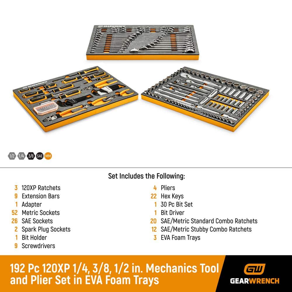 GEARWRENCH 120 XP 1/4 in., 3/8 in., 1/2 in. Plier and Mechanics Tool Set in EVA Foam Trays (192-Piece)