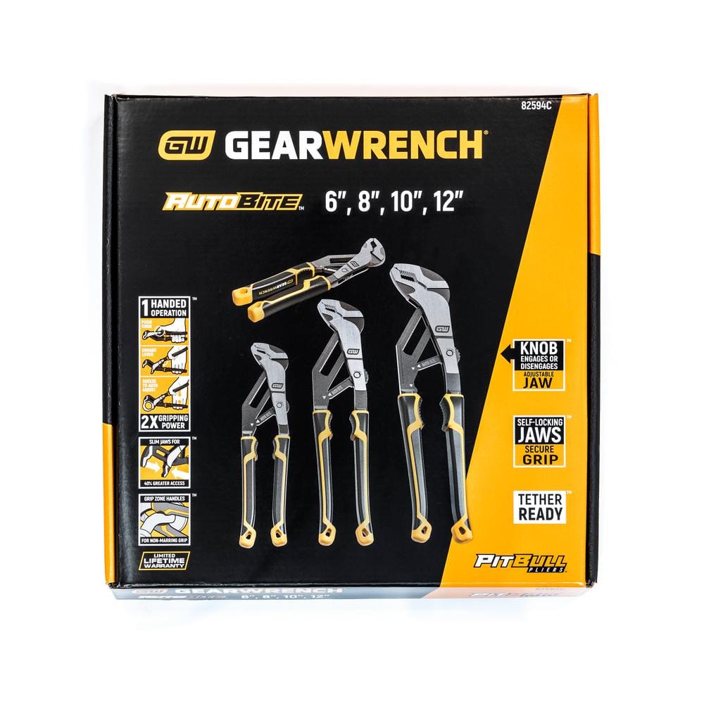 GEARWRENCH 6 in., 8 in., 10 in., 12 in. PITBULL Auto-Bite, Tongue and Groove Pliers, Dual Material (4-Piece)