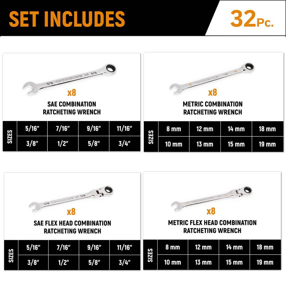 GEARWRENCH Master Standard and Flex Head SAE/MM Combination Ratcheting Wrench Set (32-Piece)